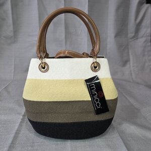 Minicci Woven Crochet Shoulder Bag Striped Yellow Tan Cream Black- NWT